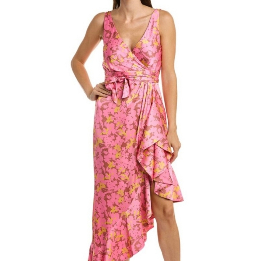 Hutch Pink & Yellow Floral Asymmetrical Wrap Dress